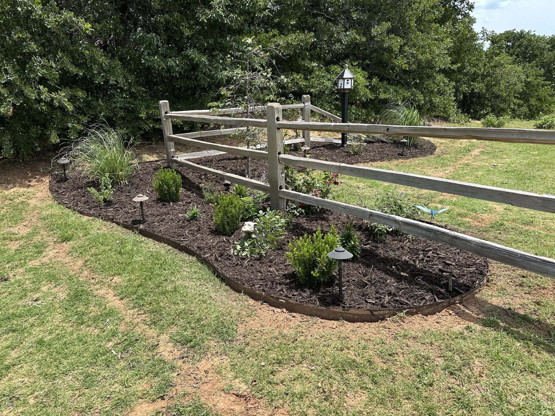 Fence-line bed with landscape lights in the OKC metro
